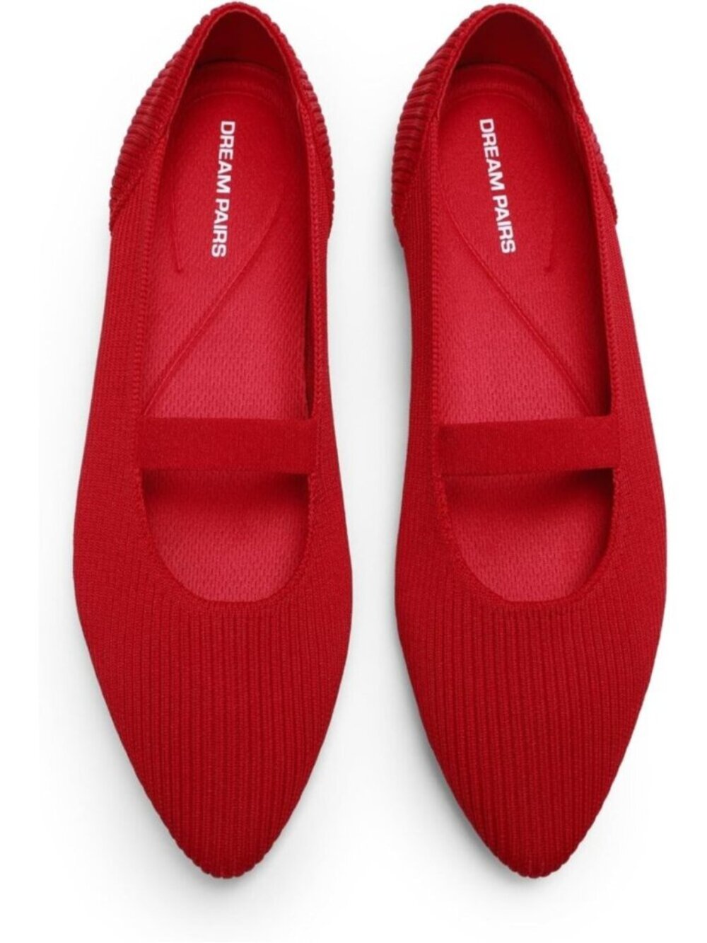 Women's Red Mary Jane Flats Pointed Toe Breathable Knit Slip On Flat Shoes